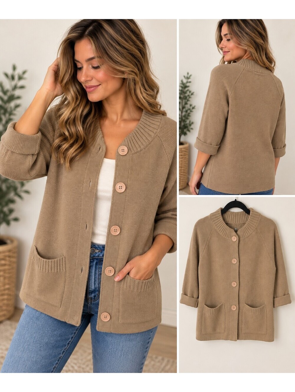 Vintage Sweetree Tan Cardigan Sweater Made in USA Button Front Pockets